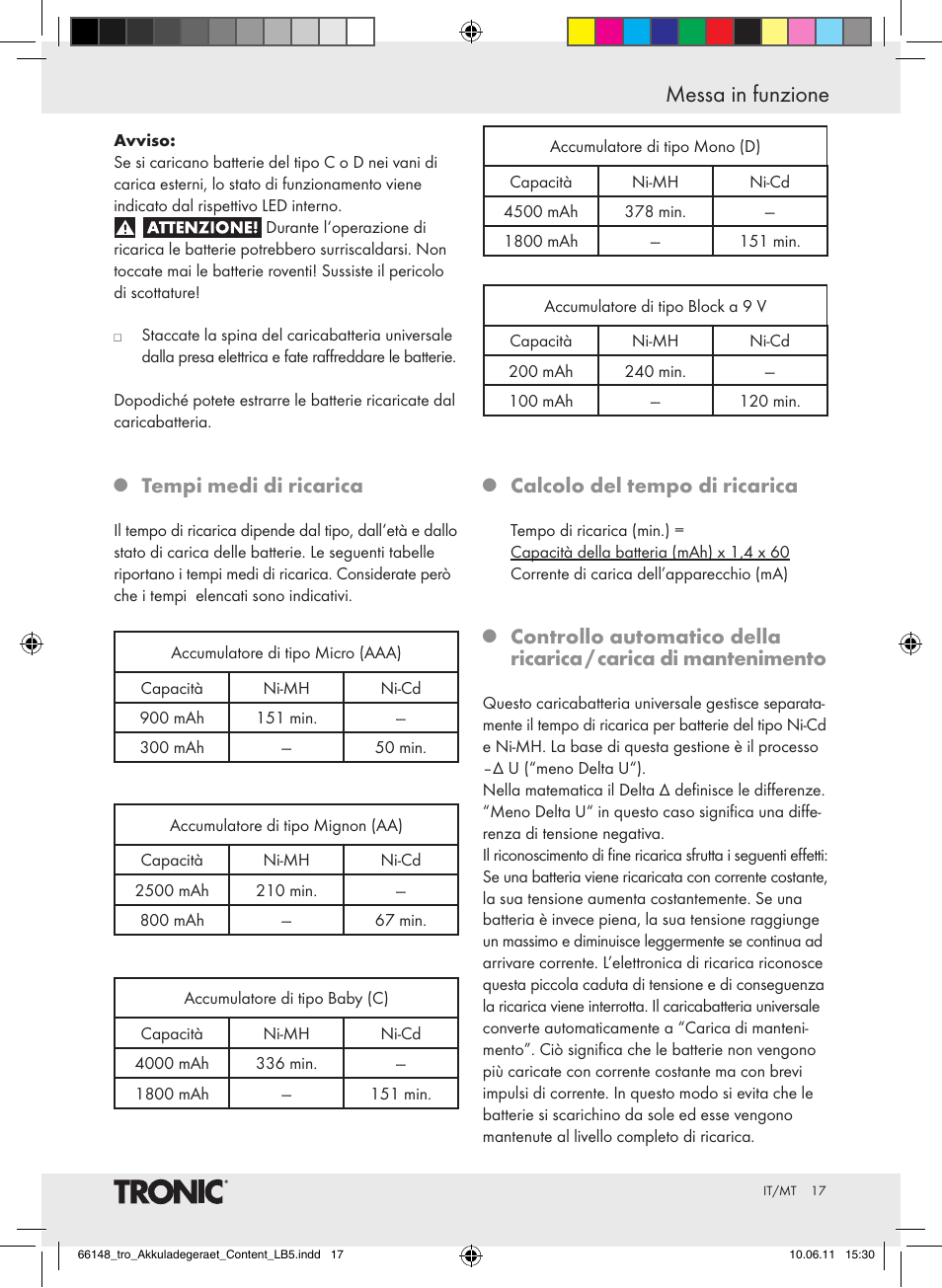 Messa in funzione, Tempi medi di ricarica, Calcolo del tempo di ricarica | Tronic TLG 1000 B3 User Manual | Page 13 / 39