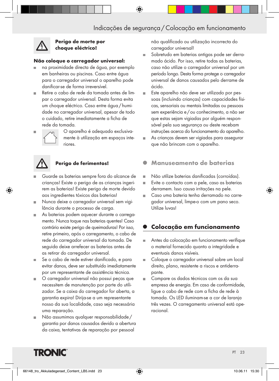 Manuseamento de baterias, Colocação em funcionamento | Tronic TLG 1000 B3 User Manual | Page 19 / 39