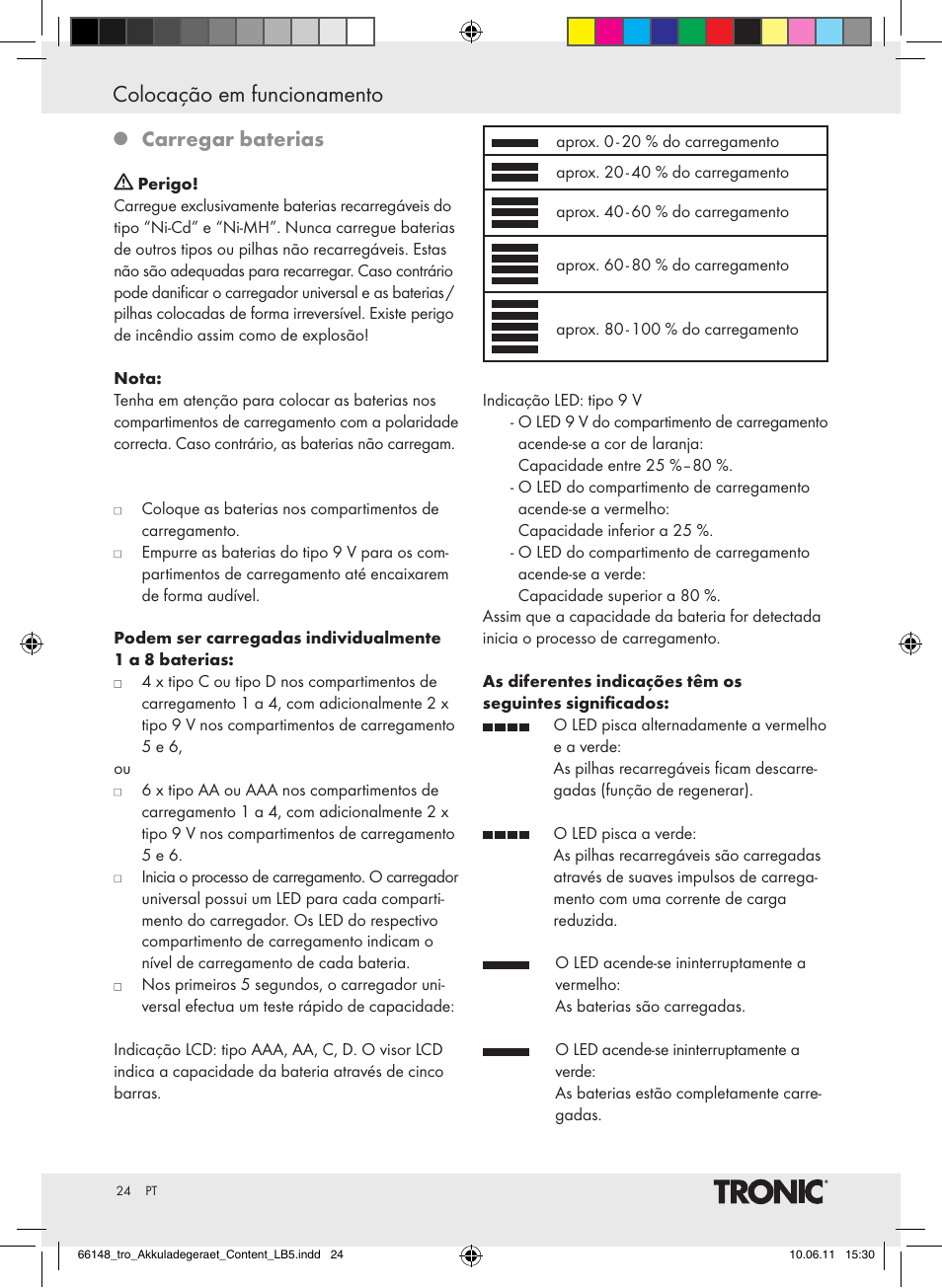 Colocação em funcionamento, Carregar baterias | Tronic TLG 1000 B3 User Manual | Page 20 / 39