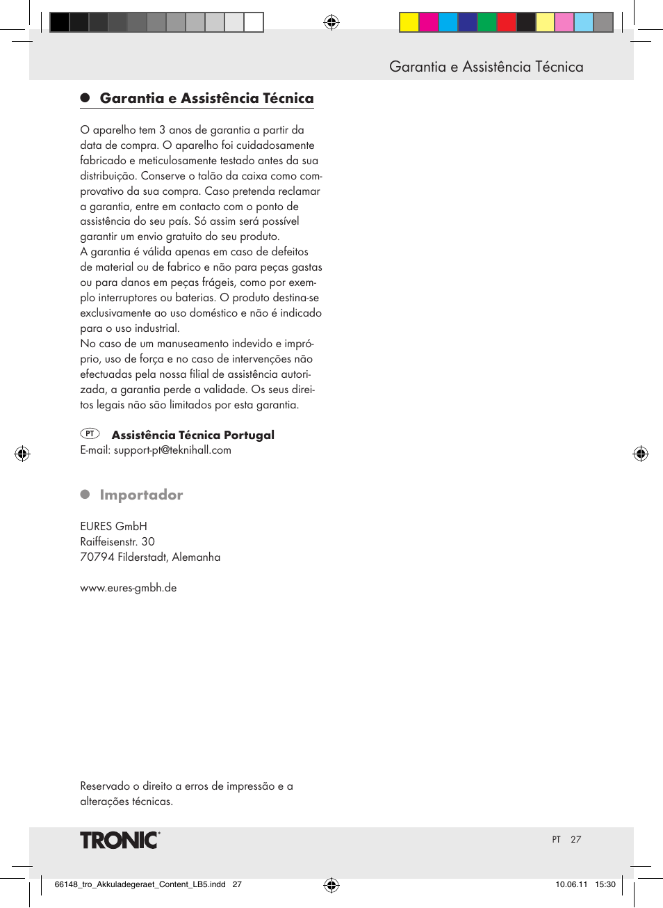 Garantia e assistência técnica, Importador | Tronic TLG 1000 B3 User Manual | Page 23 / 39