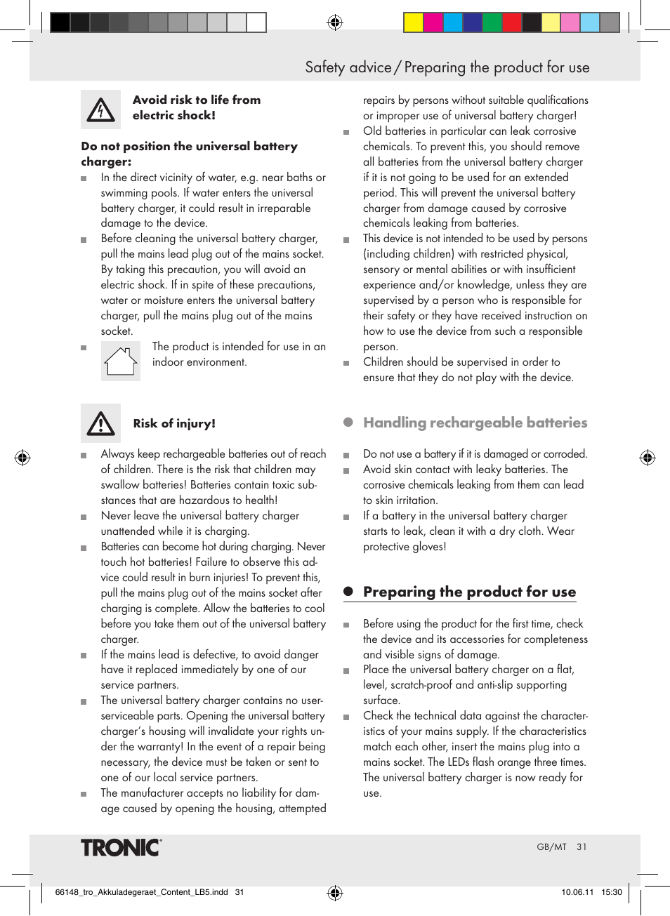 Safety advice / preparing the product for use, Handling rechargeable batteries, Preparing the product for use | Tronic TLG 1000 B3 User Manual | Page 27 / 39