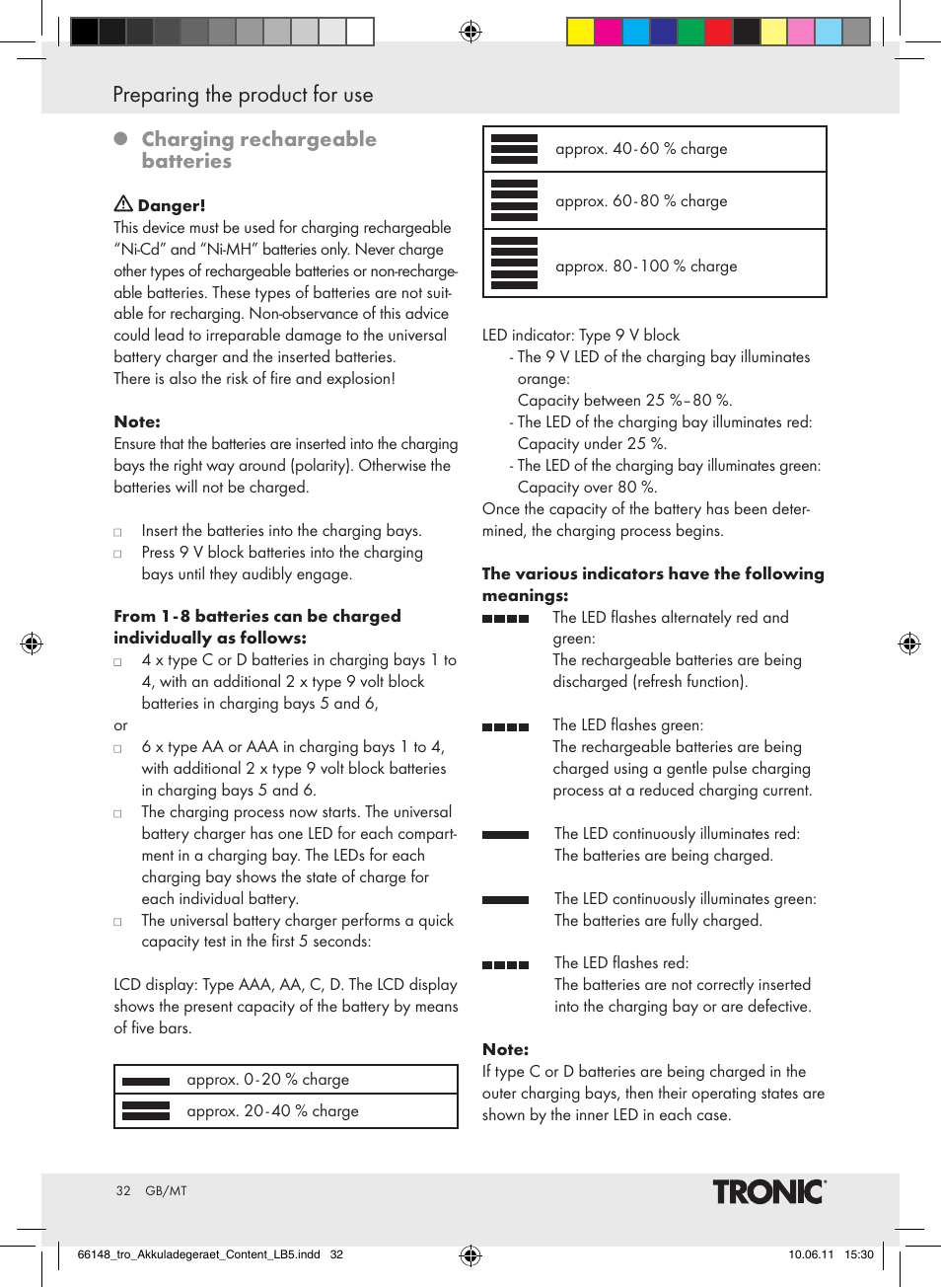 Preparing the product for use, Charging rechargeable batteries | Tronic TLG 1000 B3 User Manual | Page 28 / 39