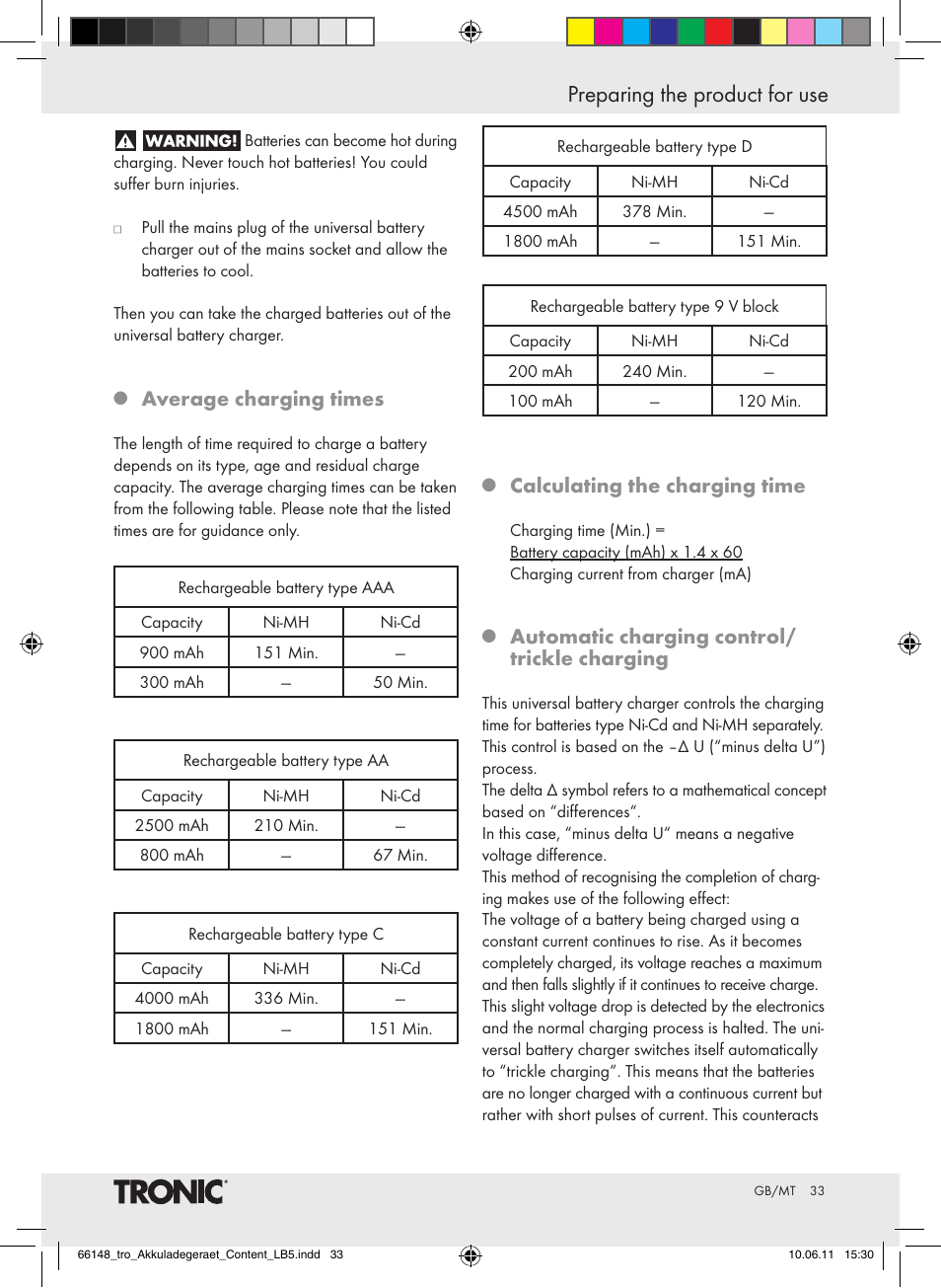 Preparing the product for use, Average charging times, Calculating the charging time | Automatic charging control/ trickle charging | Tronic TLG 1000 B3 User Manual | Page 29 / 39