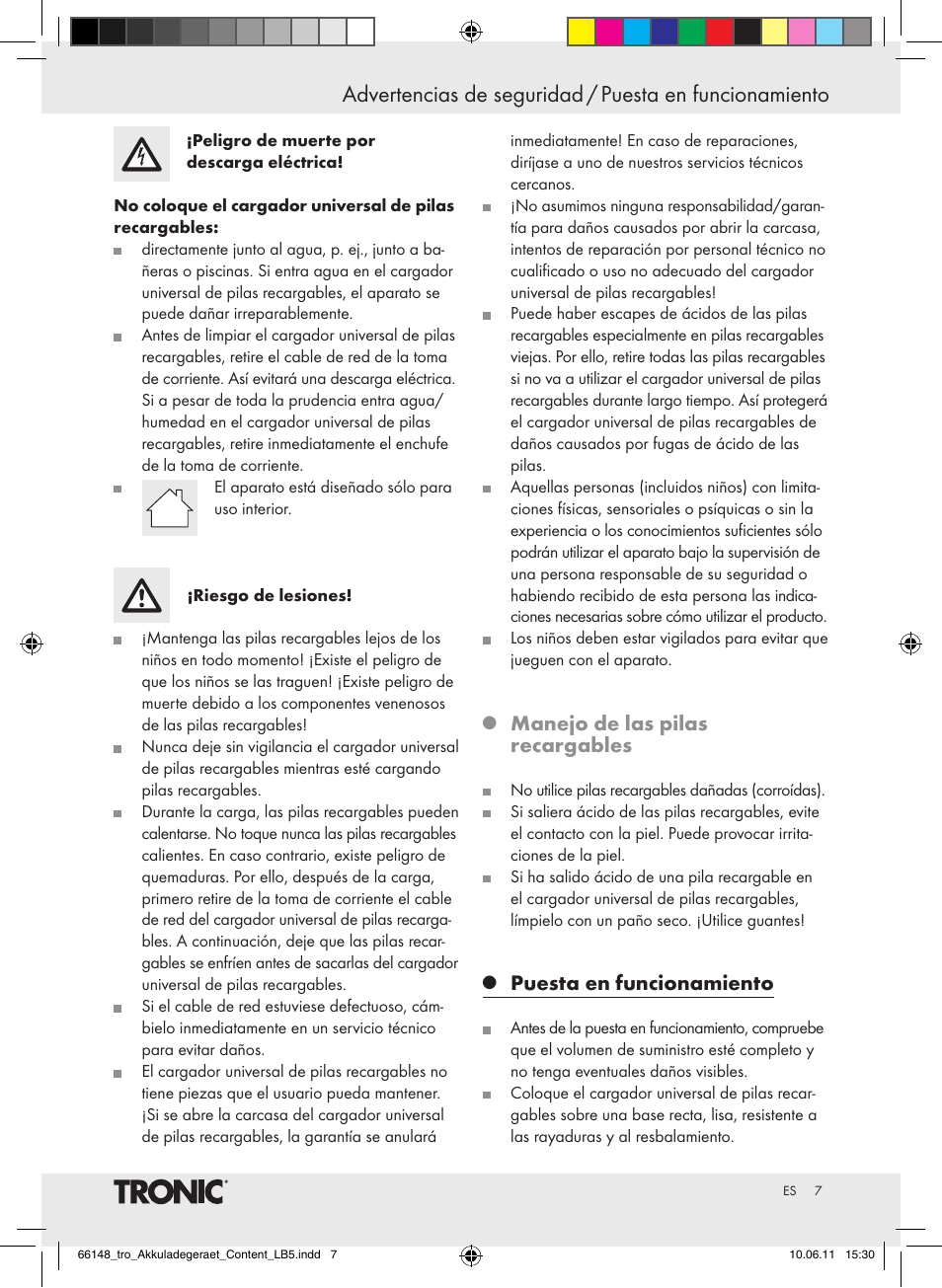 Manejo de las pilas recargables, Puesta en funcionamiento | Tronic TLG 1000 B3 User Manual | Page 3 / 39