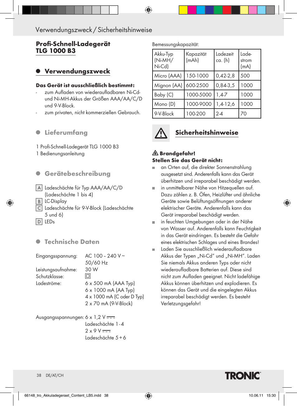 Verwendungszweck / sicherheitshinweise, Verwendungszweck, Lieferumfang | Gerätebeschreibung, Technische daten, Sicherheitshinweise | Tronic TLG 1000 B3 User Manual | Page 34 / 39