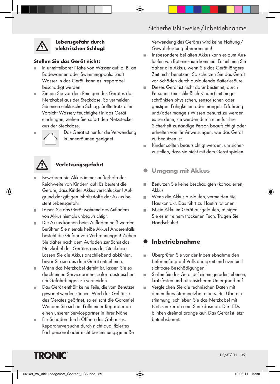 Sicherheitshinweise / inbetriebnahme, Umgang mit akkus, Inbetriebnahme | Tronic TLG 1000 B3 User Manual | Page 35 / 39