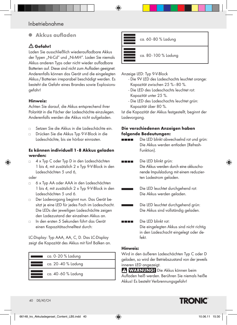 Inbetriebnahme, Akkus aufladen | Tronic TLG 1000 B3 User Manual | Page 36 / 39