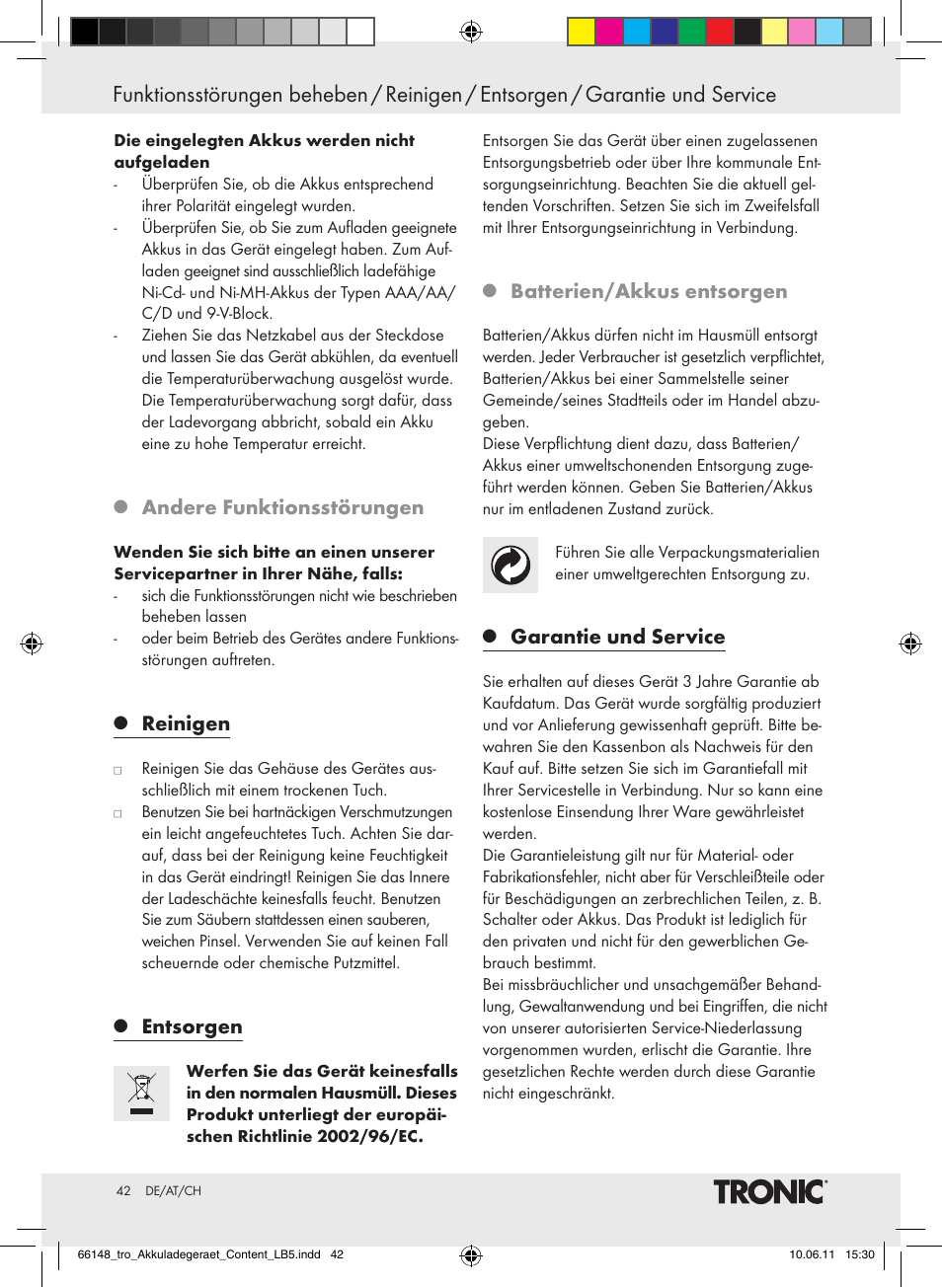 Andere funktionsstörungen, Reinigen, Entsorgen | Batterien/akkus entsorgen, Garantie und service | Tronic TLG 1000 B3 User Manual | Page 38 / 39