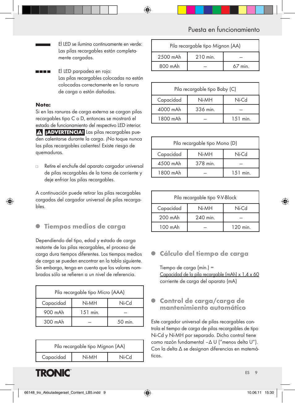 Puesta en funcionamiento, Tiempos medios de carga, Cálculo del tiempo de carga | Control de carga/carga de mantenimiento automático | Tronic TLG 1000 B3 User Manual | Page 5 / 39