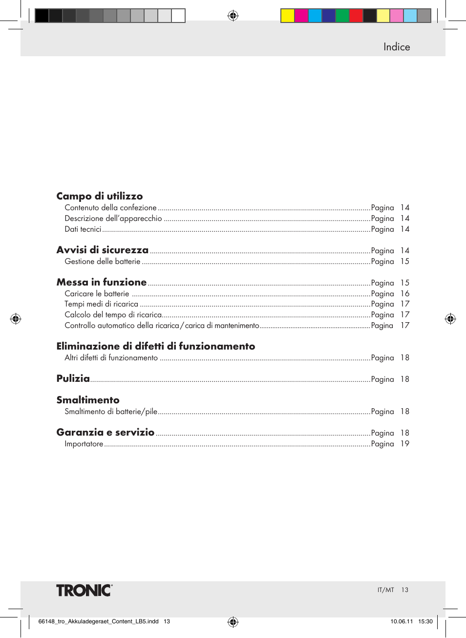 Indice | Tronic TLG 1000 B3 User Manual | Page 9 / 39