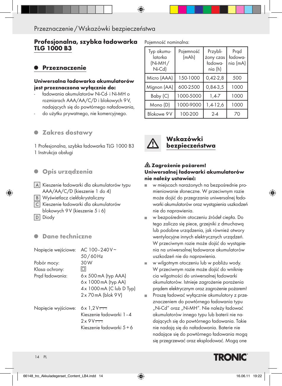 Przeznaczenie / wskazόwki bezpieczeństwa, Przeznaczenie, Zakres dostawy | Opis urządzenia, Dane techniczne, Wskazόwki bezpieczeństwa | Tronic TLG 1000 B3 User Manual | Page 10 / 56