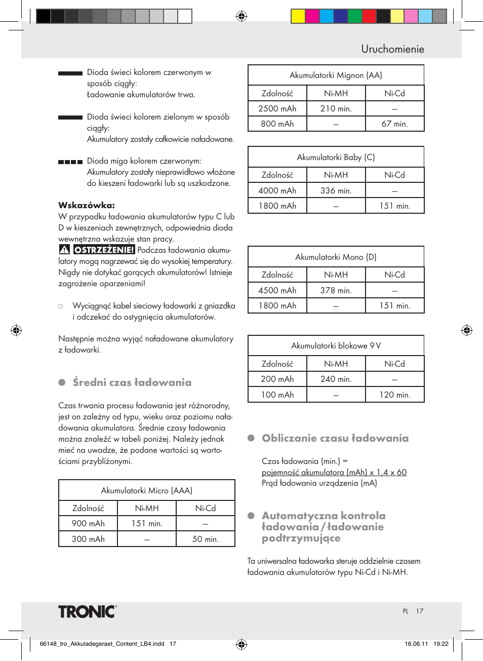 Uruchomienie, Średni czas ładowania, Obliczanie czasu ładowania | Tronic TLG 1000 B3 User Manual | Page 13 / 56