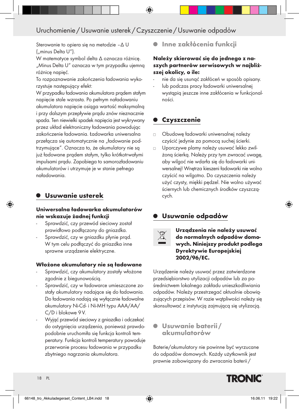 Usuwanie usterek, Inne zakłόcenia funkcji, Czyszczenie | Usuwanie odpadόw, Usuwanie baterii / akumulatorόw | Tronic TLG 1000 B3 User Manual | Page 14 / 56