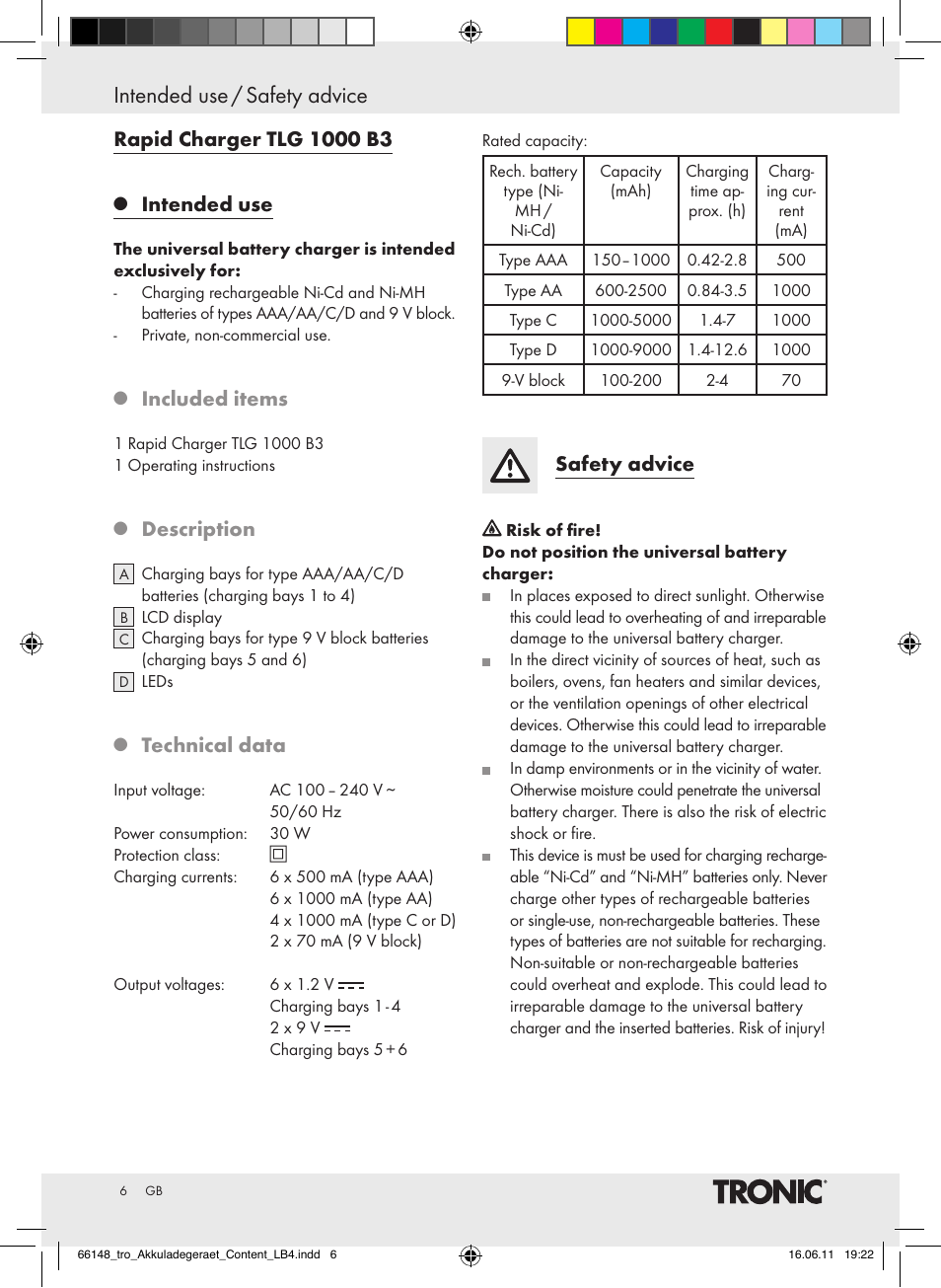 Intended use / safety advice, Intended use, Included items | Description, Technical data, Safety advice | Tronic TLG 1000 B3 User Manual | Page 2 / 56