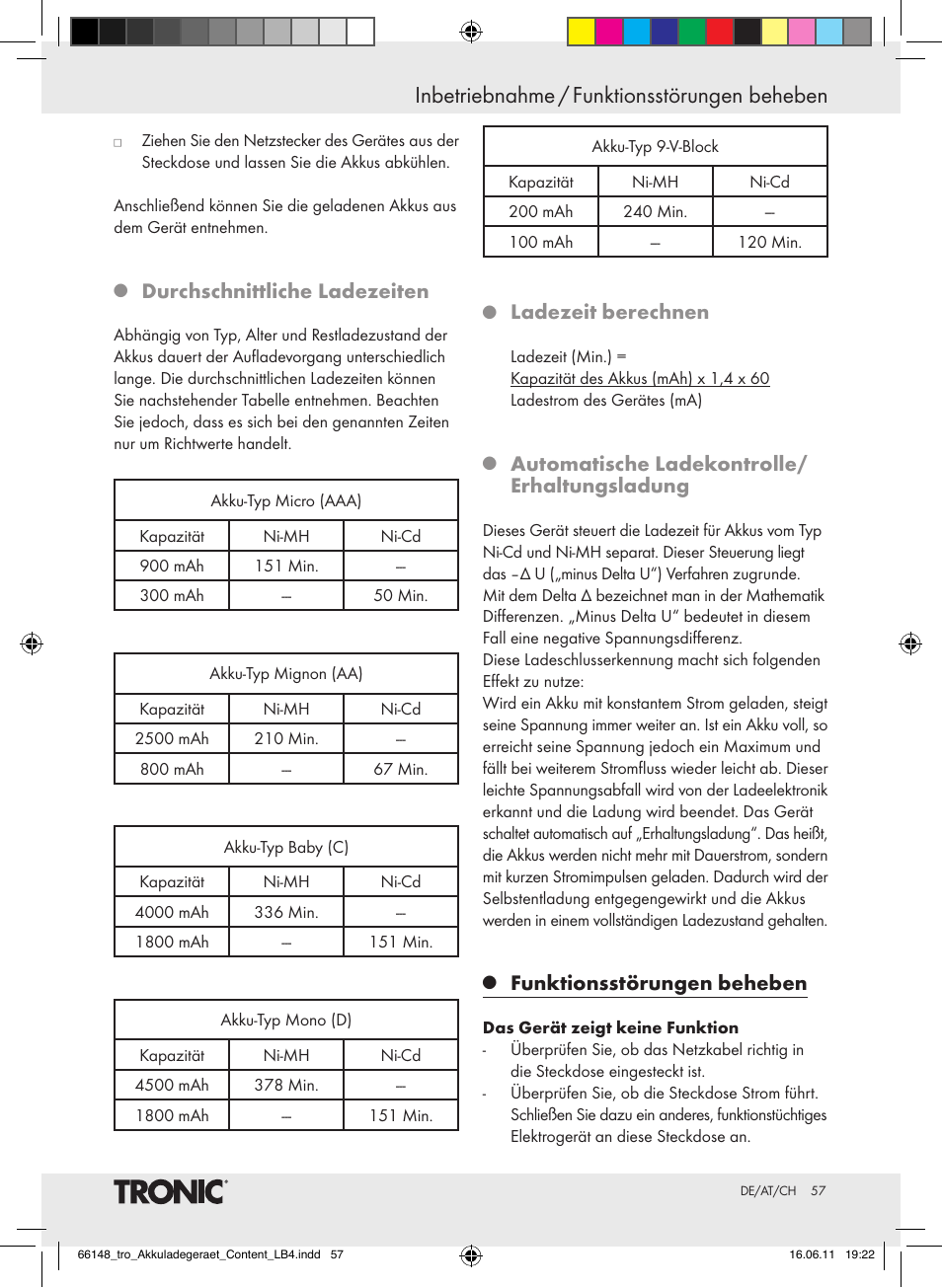 Inbetriebnahme / funktionsstörungen beheben, Durchschnittliche ladezeiten, Ladezeit berechnen | Automatische ladekontrolle/ erhaltungsladung, Funktionsstörungen beheben | Tronic TLG 1000 B3 User Manual | Page 53 / 56