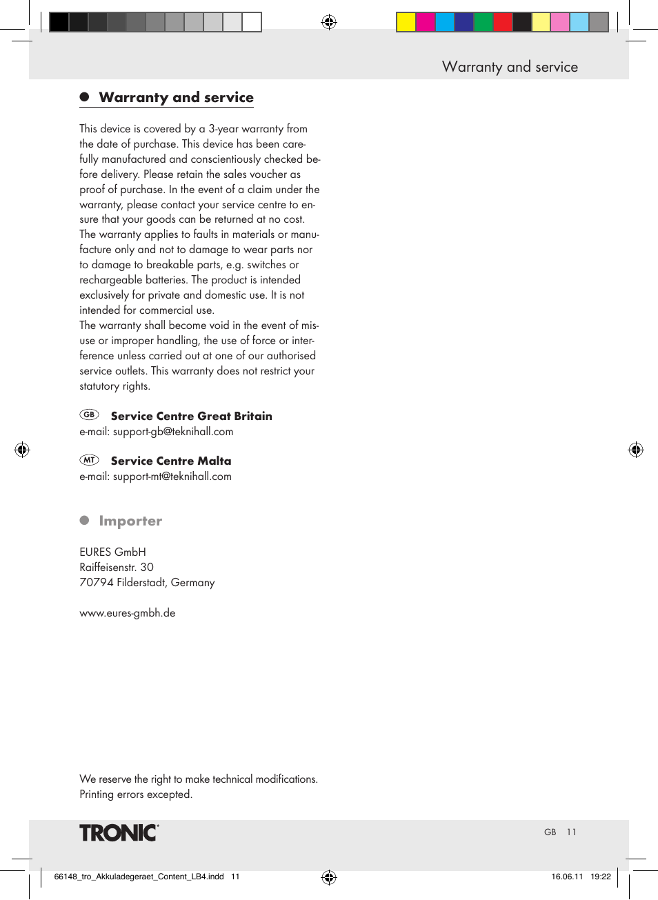 Warranty and service, Importer | Tronic TLG 1000 B3 User Manual | Page 7 / 56