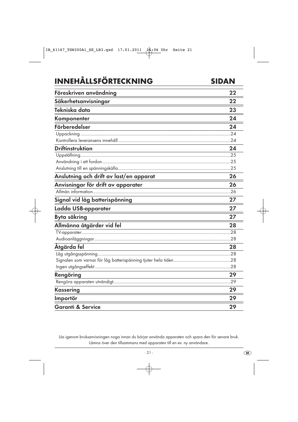 Innehållsförteckning sidan | Tronic TSW 300 A1 User Manual | Page 23 / 42