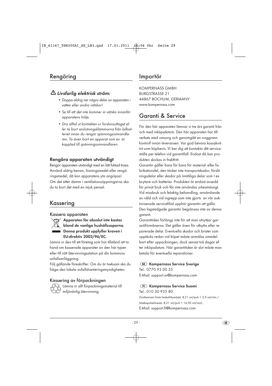 Rengöring, Kassering, Importör | Garanti & service | Tronic TSW 300 A1 User Manual | Page 31 / 42