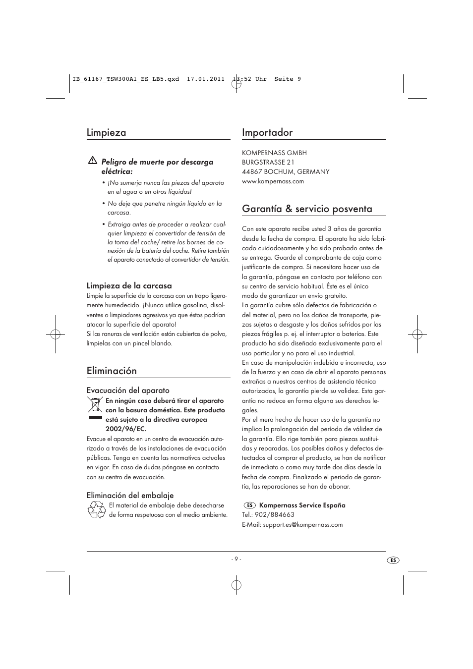 Limpieza, Eliminación, Importador | Garantía & servicio posventa | Tronic TSW 300 A1 User Manual | Page 11 / 42