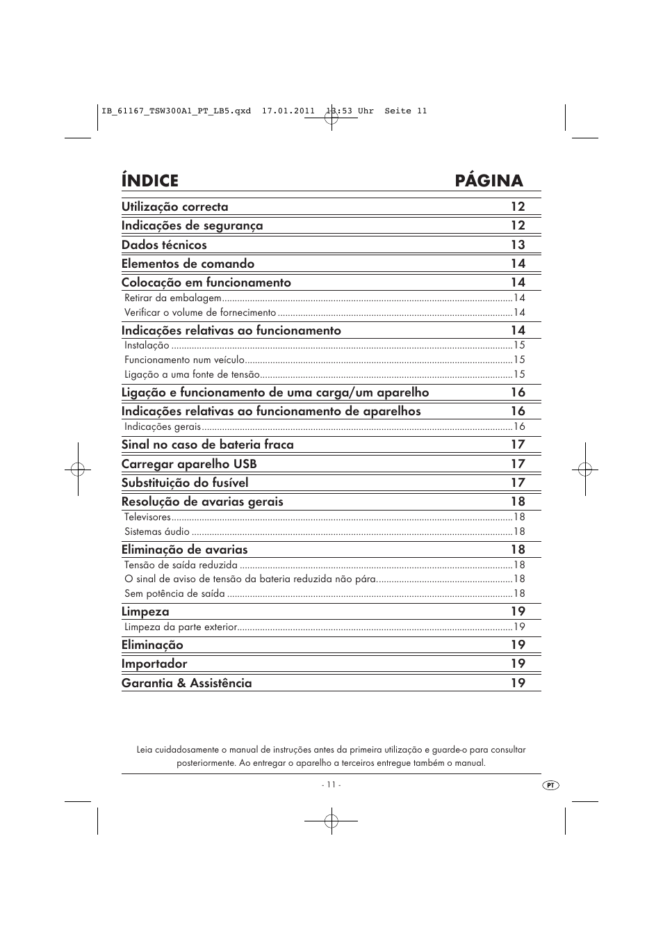Índice página | Tronic TSW 300 A1 User Manual | Page 13 / 42
