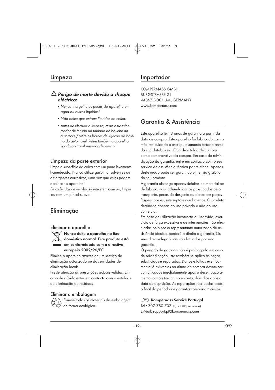 Limpeza, Eliminação, Importador | Garantia & assistência | Tronic TSW 300 A1 User Manual | Page 21 / 42