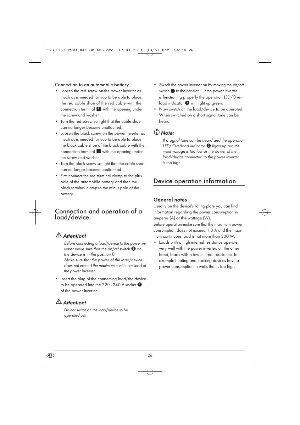 Connection and operation of a load/device, Device operation information, Attention | Tronic TSW 300 A1 User Manual | Page 28 / 42