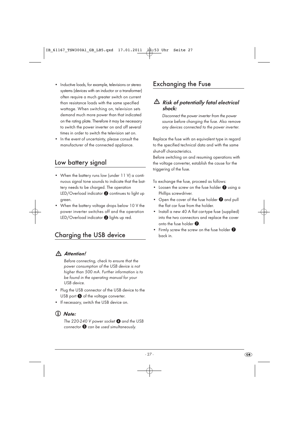 Low battery signal, Charging the usb device, Exchanging the fuse | Tronic TSW 300 A1 User Manual | Page 29 / 42