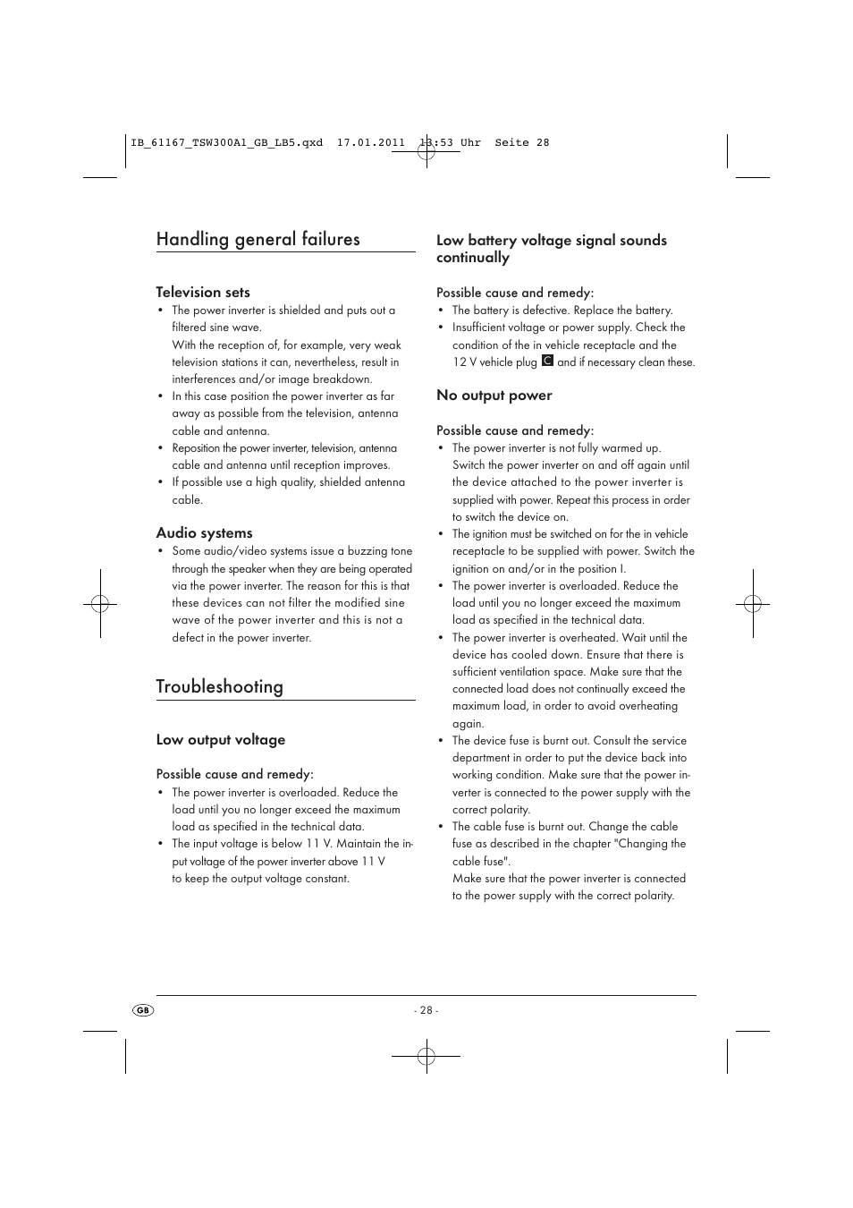 Handling general failures, Troubleshooting, Television sets | Audio systems, Low output voltage, Low battery voltage signal sounds continually, No output power | Tronic TSW 300 A1 User Manual | Page 30 / 42