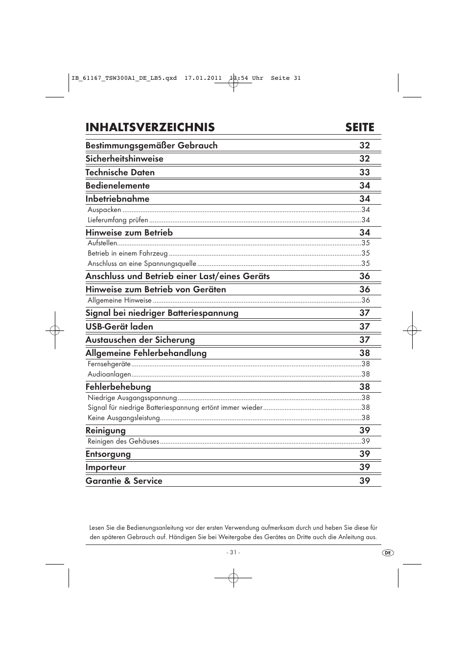 Inhaltsverzeichnis seite | Tronic TSW 300 A1 User Manual | Page 33 / 42