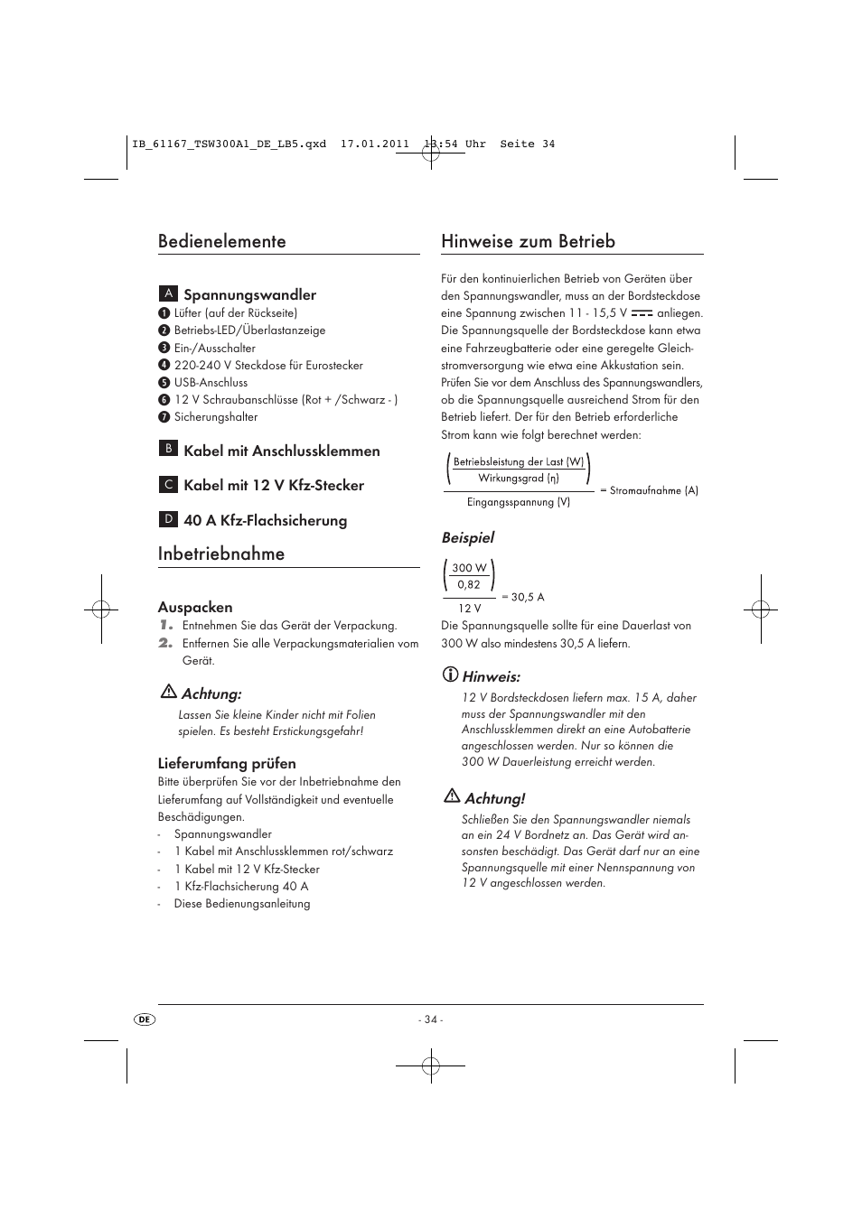 Bedienelemente, Inbetriebnahme, Hinweise zum betrieb | Tronic TSW 300 A1 User Manual | Page 36 / 42
