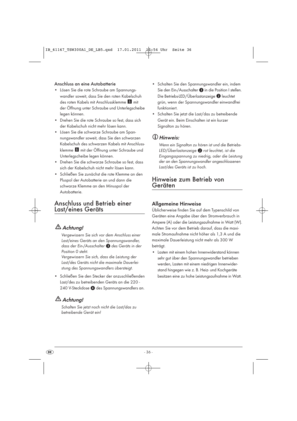 Anschluss und betrieb einer last/eines geräts, Hinweise zum betrieb von geräten | Tronic TSW 300 A1 User Manual | Page 38 / 42