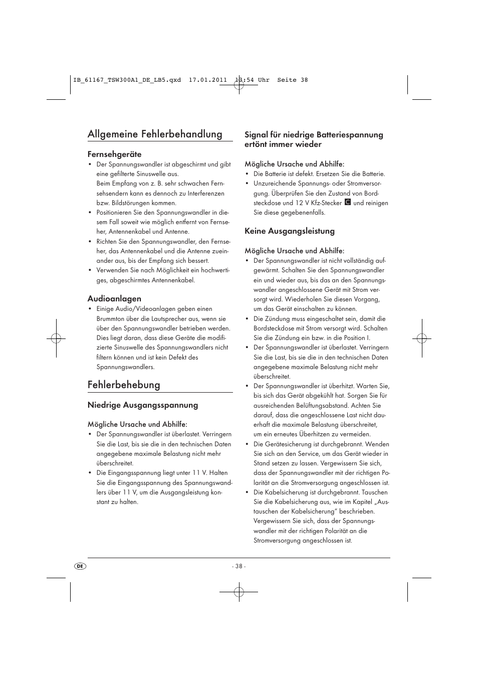 Allgemeine fehlerbehandlung, Fehlerbehebung, Fernsehgeräte | Audioanlagen, Niedrige ausgangsspannung, Keine ausgangsleistung | Tronic TSW 300 A1 User Manual | Page 40 / 42