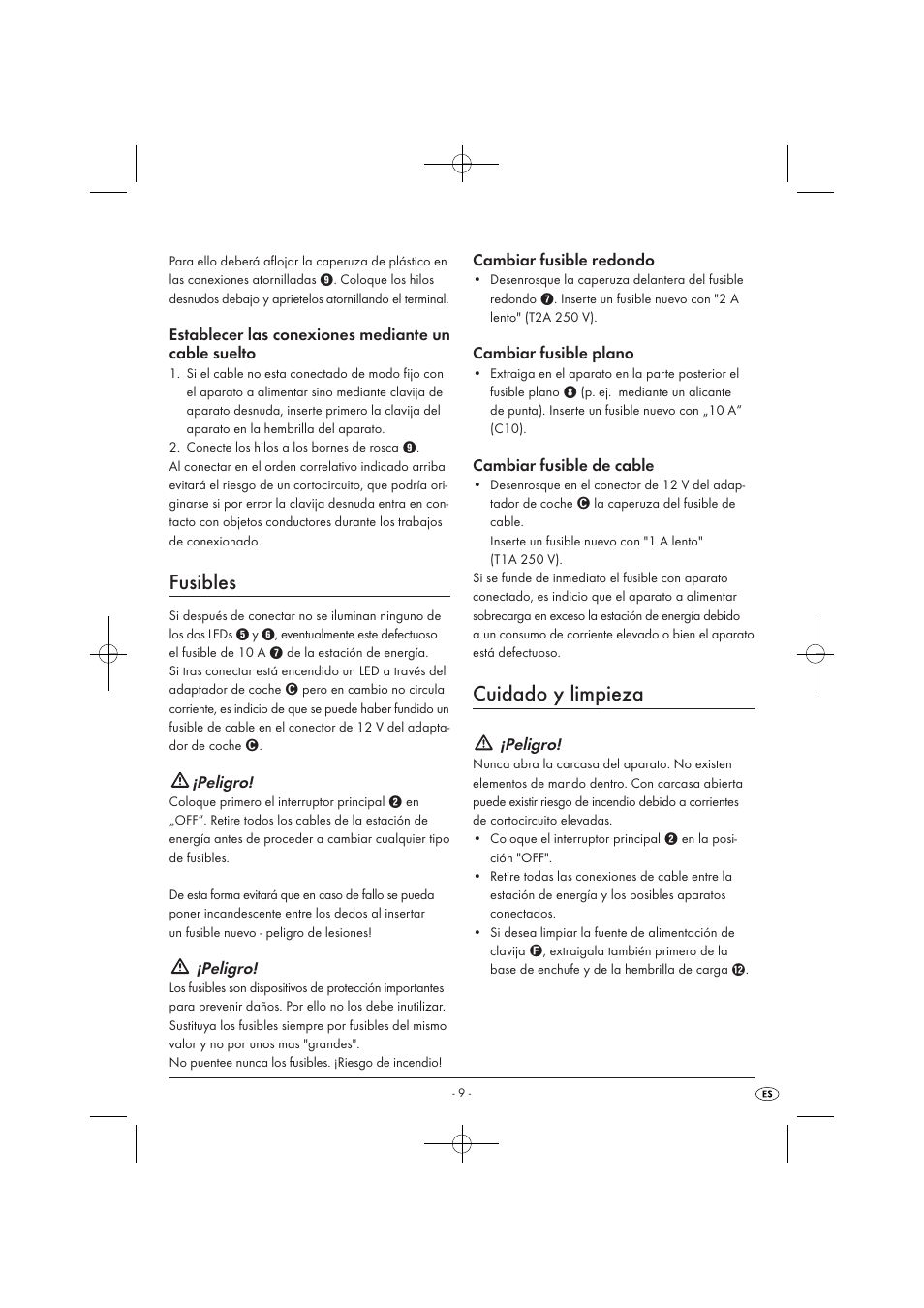 Fusibles, Cuidado y limpieza, Peligro | Tronic KH 3002 User Manual | Page 11 / 62