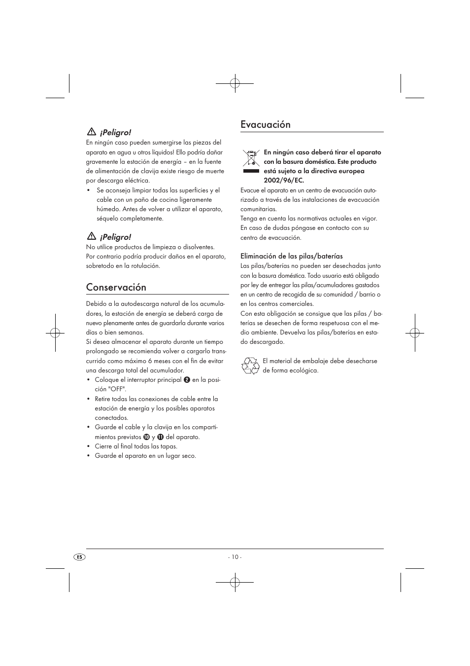 Conservación, Evacuación, Peligro | Tronic KH 3002 User Manual | Page 12 / 62