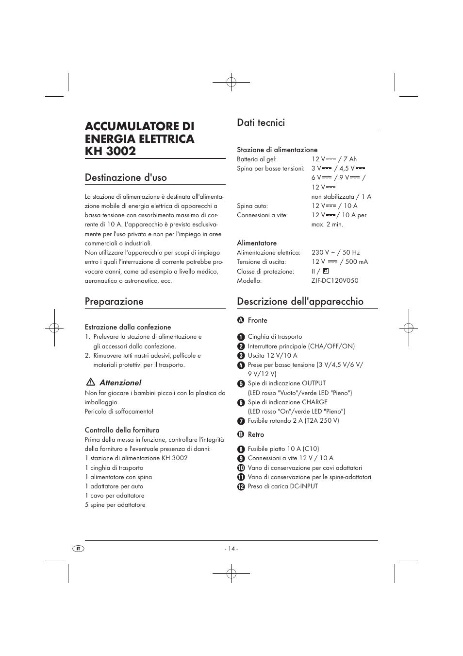 Accumulatore di energia elettrica kh 3002, Destinazione d'uso, Preparazione | Dati tecnici, Descrizione dell'apparecchio, Attenzione | Tronic KH 3002 User Manual | Page 16 / 62