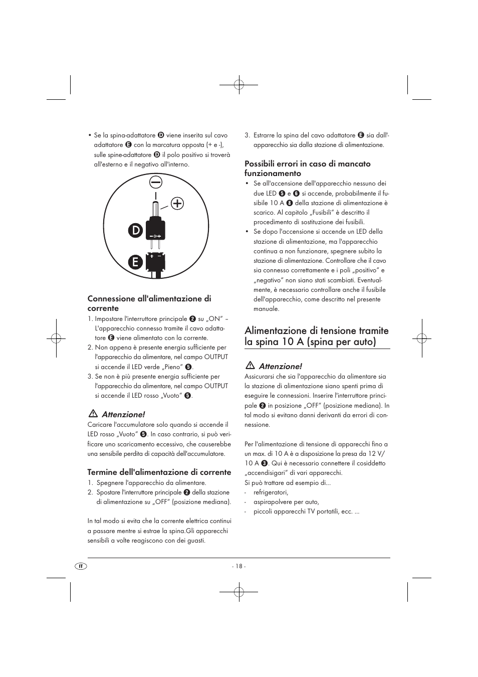 Attenzione, Connessione all'alimentazione di corrente, Termine dell'alimentazione di corrente | Possibili errori in caso di mancato funzionamento | Tronic KH 3002 User Manual | Page 20 / 62