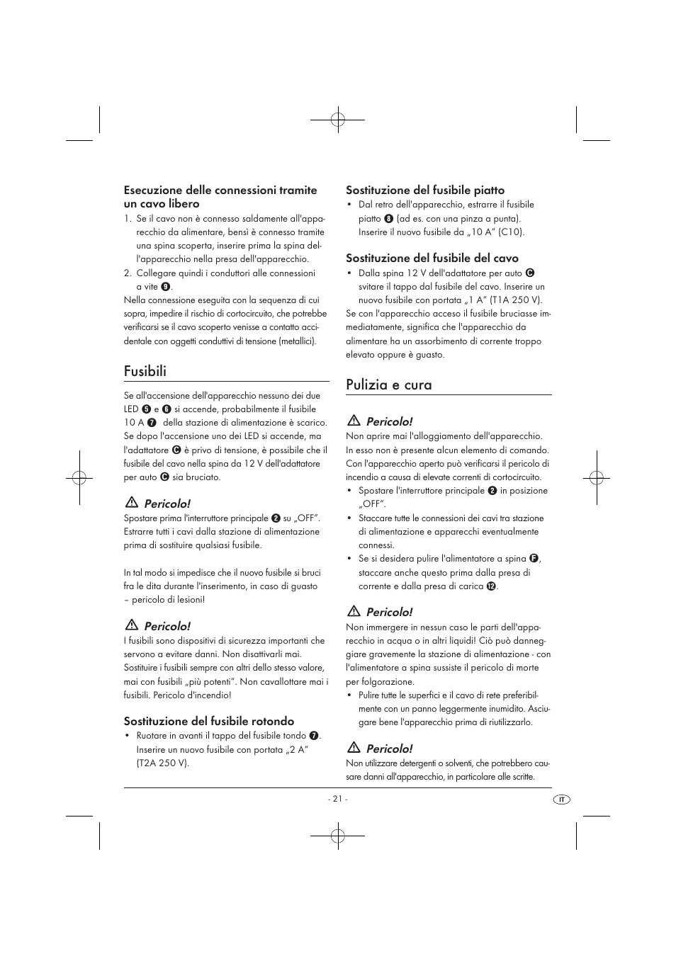 Fusibili, Pulizia e cura, Pericolo | Tronic KH 3002 User Manual | Page 23 / 62