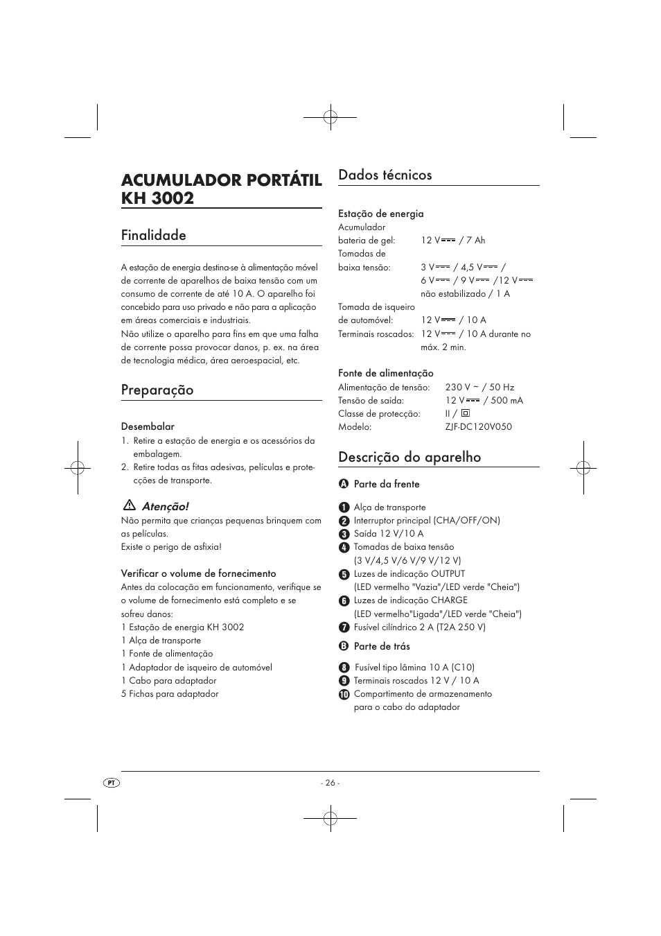 Acumulador portátil kh 3002, Finalidade, Preparação | Dados técnicos, Descrição do aparelho, Atenção | Tronic KH 3002 User Manual | Page 28 / 62