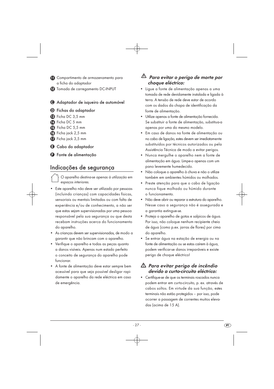 Indicações de segurança, Para evitar o perigo de morte por choque eléctrico | Tronic KH 3002 User Manual | Page 29 / 62
