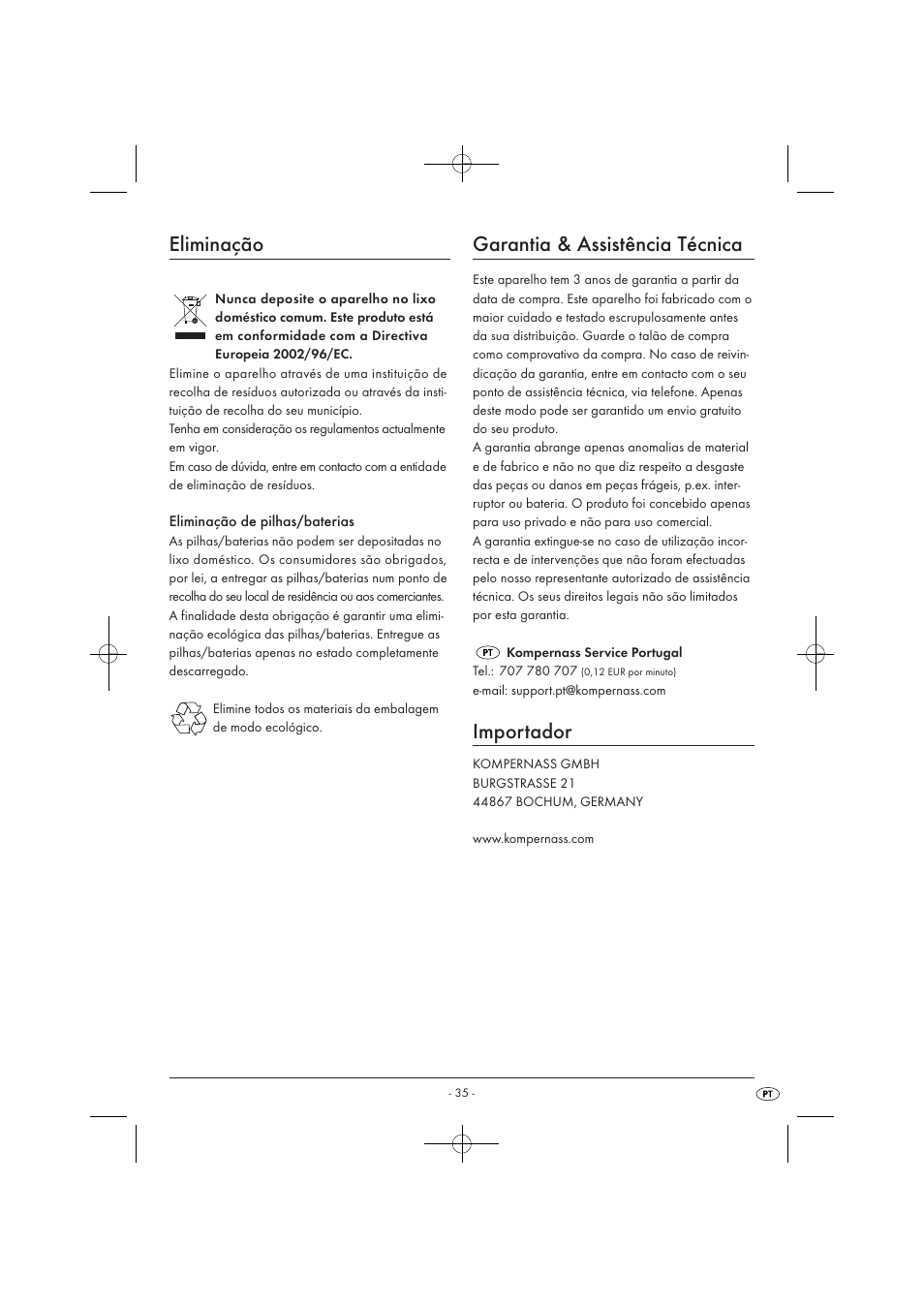 Eliminação, Garantia & assistência técnica, Importador | Tronic KH 3002 User Manual | Page 37 / 62