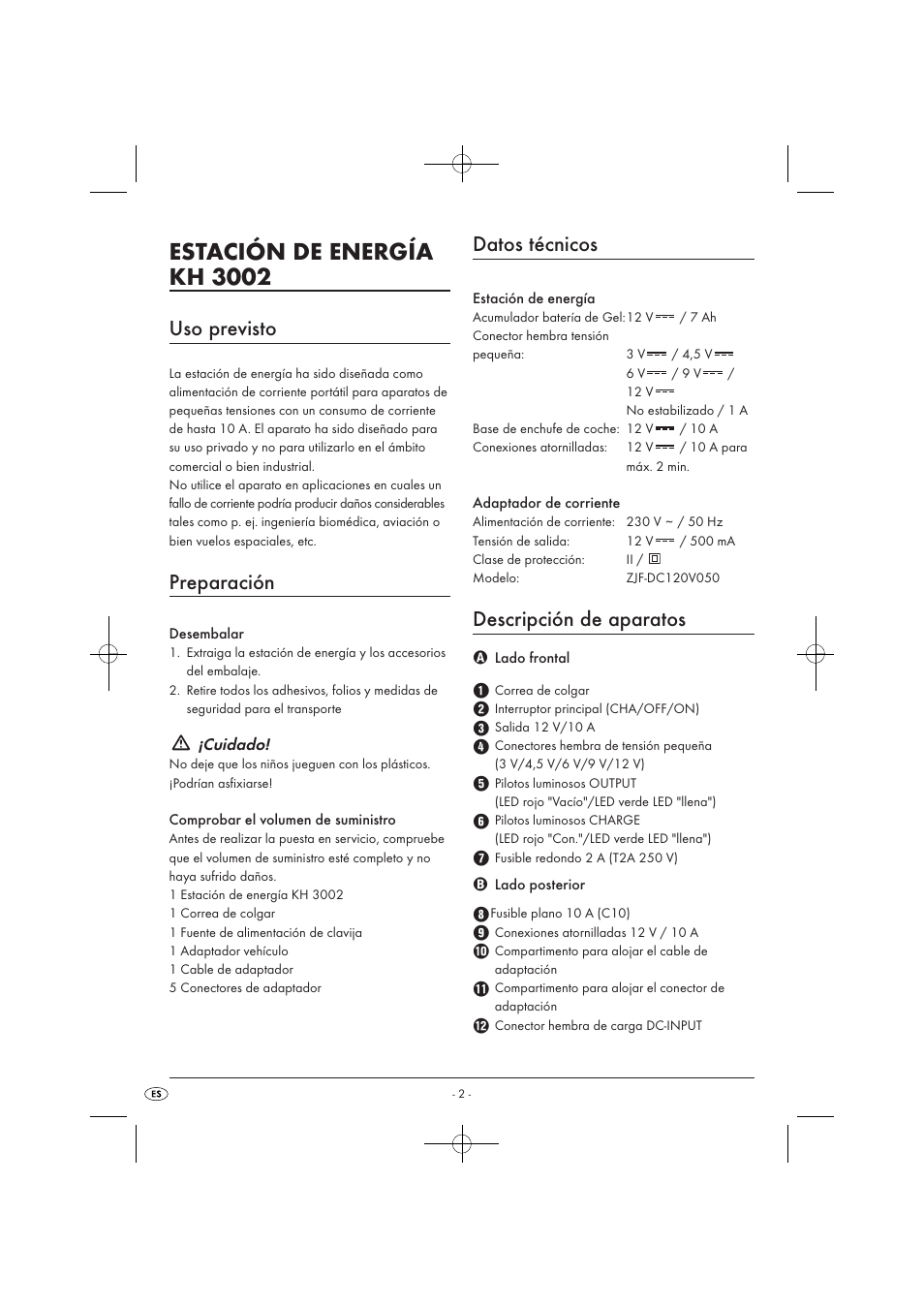 Estación de energía kh 3002, Uso previsto, Preparación | Datos técnicos, Descripción de aparatos | Tronic KH 3002 User Manual | Page 4 / 62