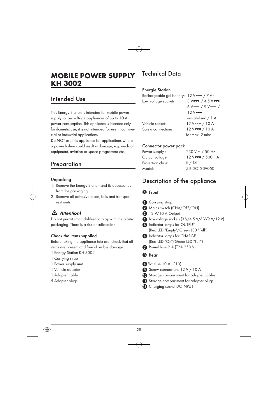 Mobile power supply kh 3002, Intended use, Preparation | Technical data, Description of the appliance, Attention | Tronic KH 3002 User Manual | Page 40 / 62