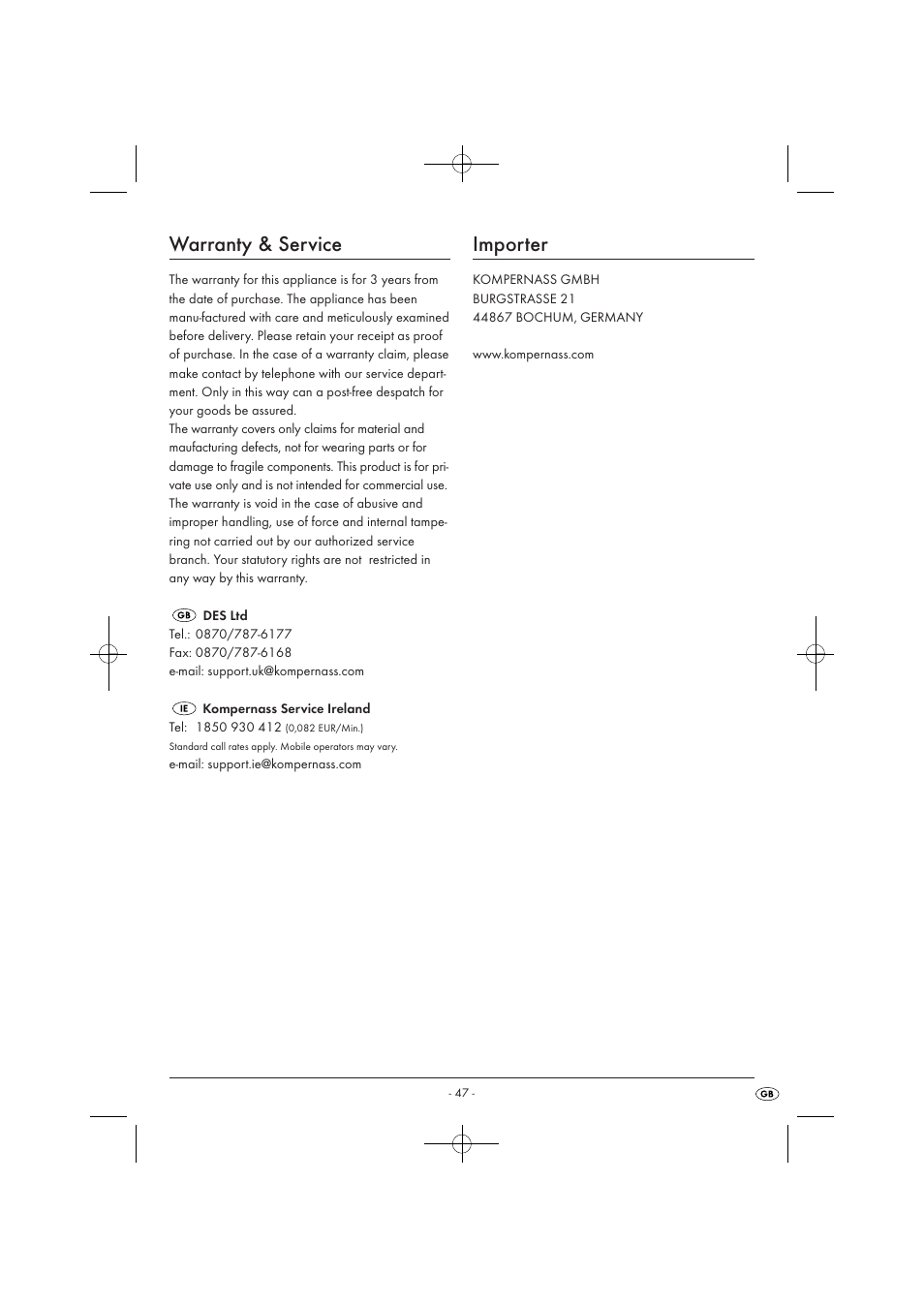 Warranty & service, Importer | Tronic KH 3002 User Manual | Page 49 / 62