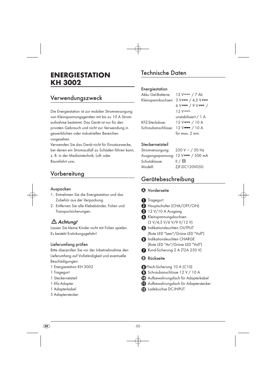 Energiestation kh 3002, Verwendungszweck, Vorbereitung | Technische daten, Gerätebeschreibung | Tronic KH 3002 User Manual | Page 52 / 62