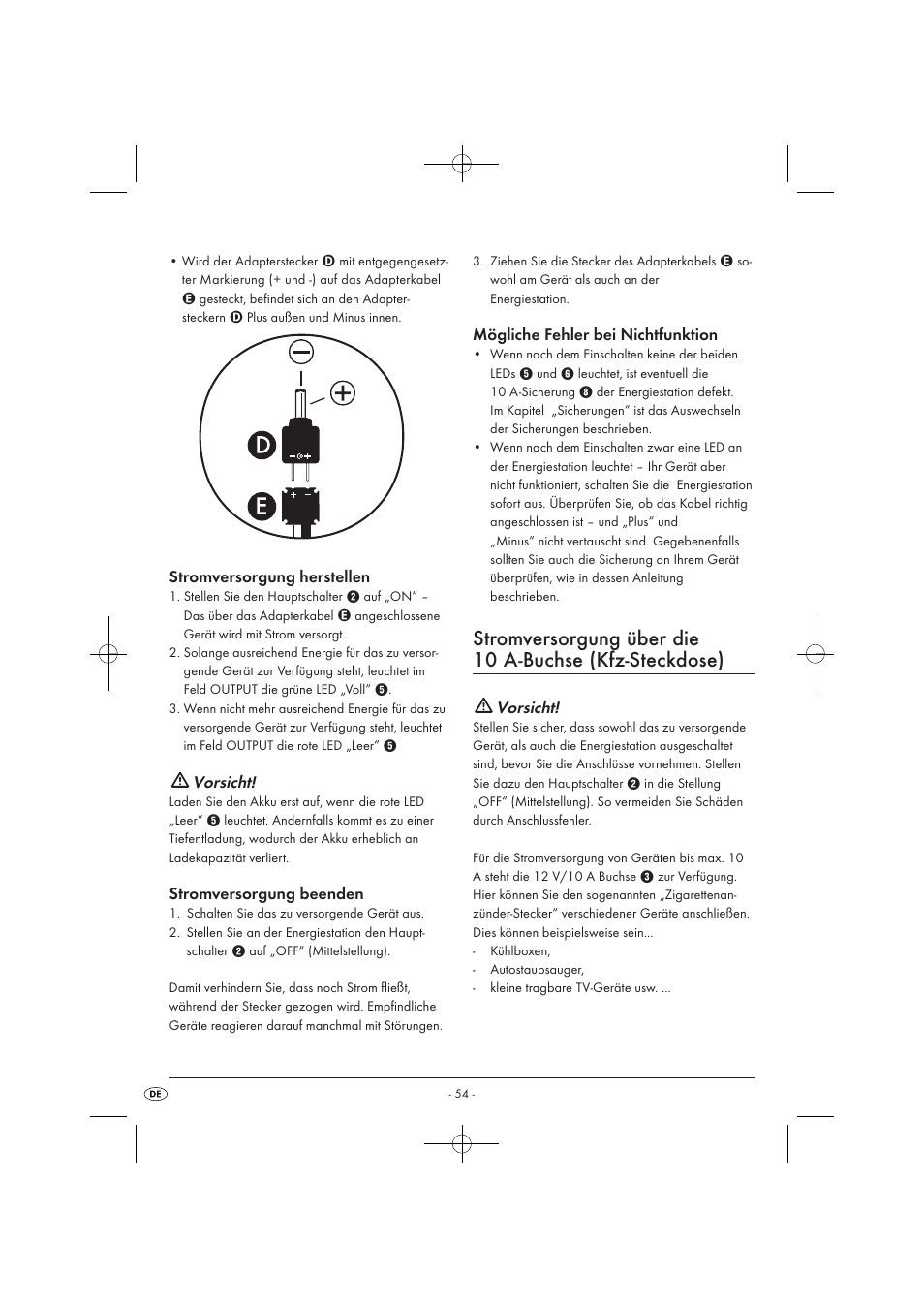 Vorsicht, Stromversorgung herstellen, Stromversorgung beenden | Mögliche fehler bei nichtfunktion | Tronic KH 3002 User Manual | Page 56 / 62