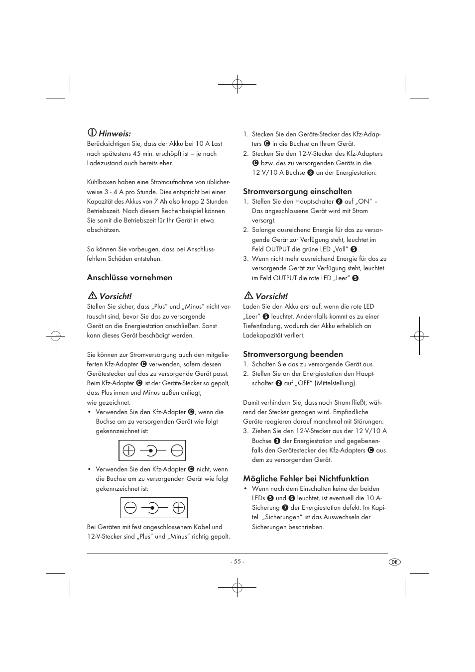 Hinweis, Vorsicht, Anschlüsse vornehmen | Stromversorgung einschalten, Stromversorgung beenden, Mögliche fehler bei nichtfunktion | Tronic KH 3002 User Manual | Page 57 / 62