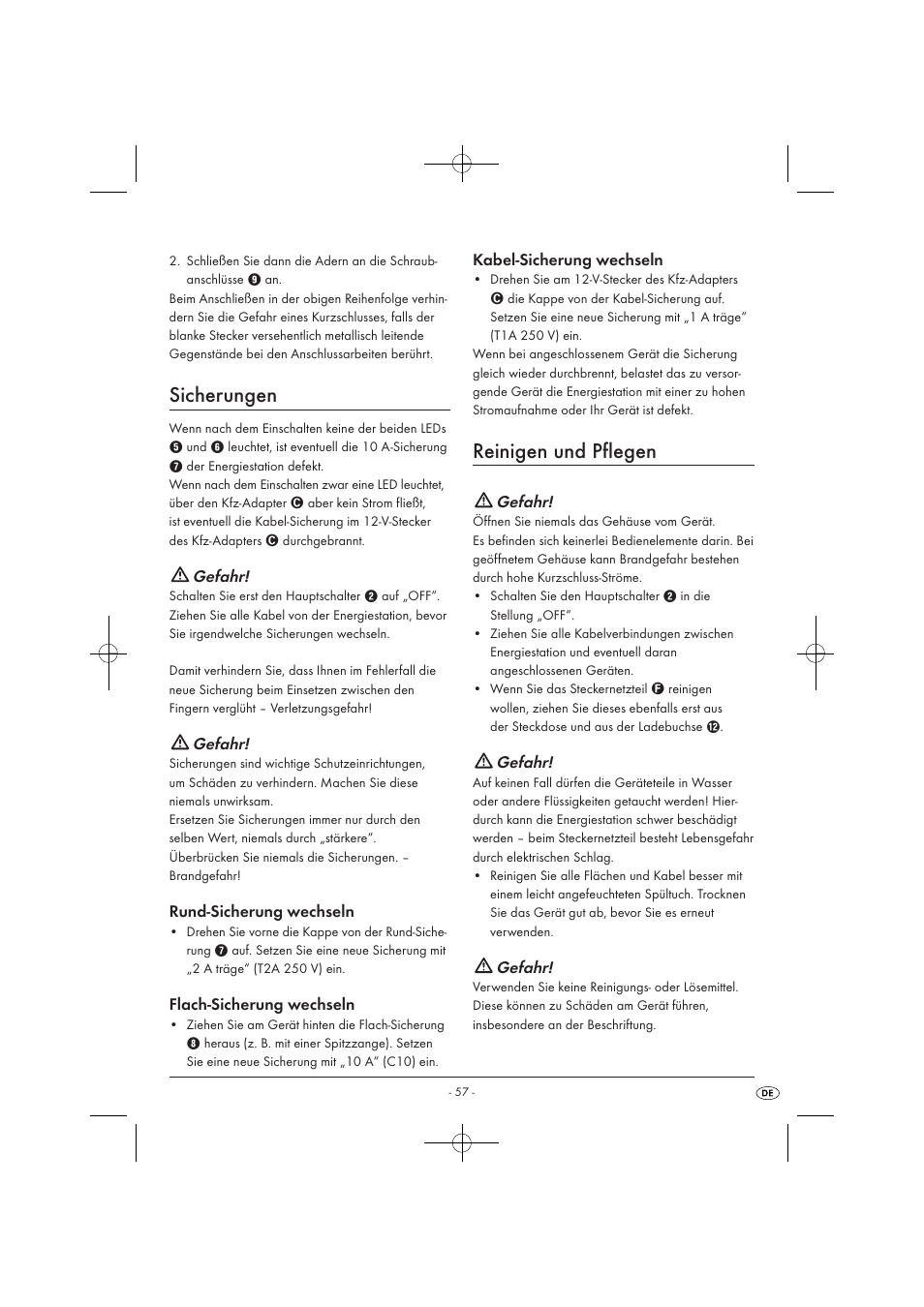 Sicherungen, Reinigen und pflegen, Gefahr | Tronic KH 3002 User Manual | Page 59 / 62