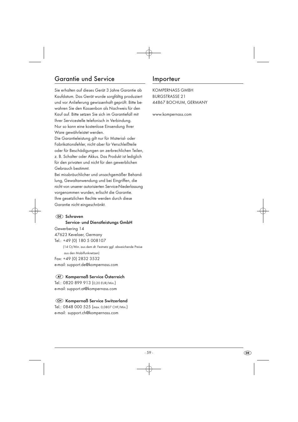 Garantie und service, Importeur | Tronic KH 3002 User Manual | Page 61 / 62