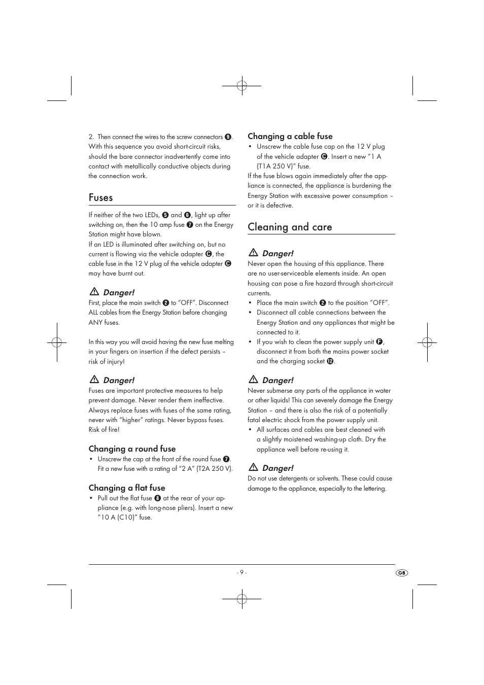 Fuses, Cleaning and care, Danger | Changing a round fuse, Changing a flat fuse, Changing a cable fuse | Tronic KH 3002 User Manual | Page 11 / 98