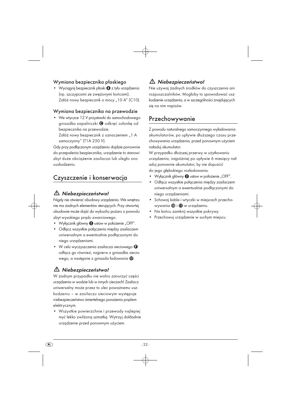 Czyszczenie i konserwacja, Przechowywanie, Wymiana bezpiecznika płaskiego | Wymiana bezpiecznika na przewodzie, Niebezpieczeństwo | Tronic KH 3002 User Manual | Page 24 / 98